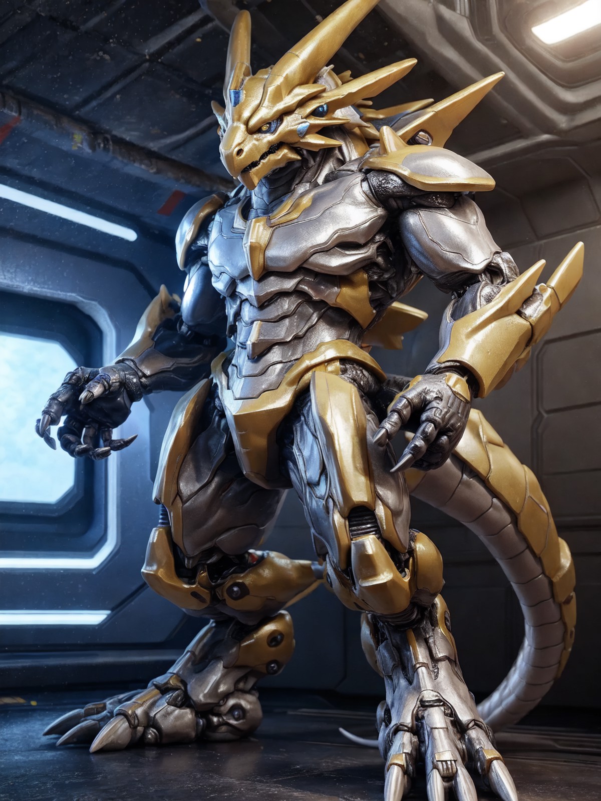 hyper-realistic, photorealism, a strong anthro golden gundam dragon is standing in spaceship, solo, male, (gundam), shiny ...